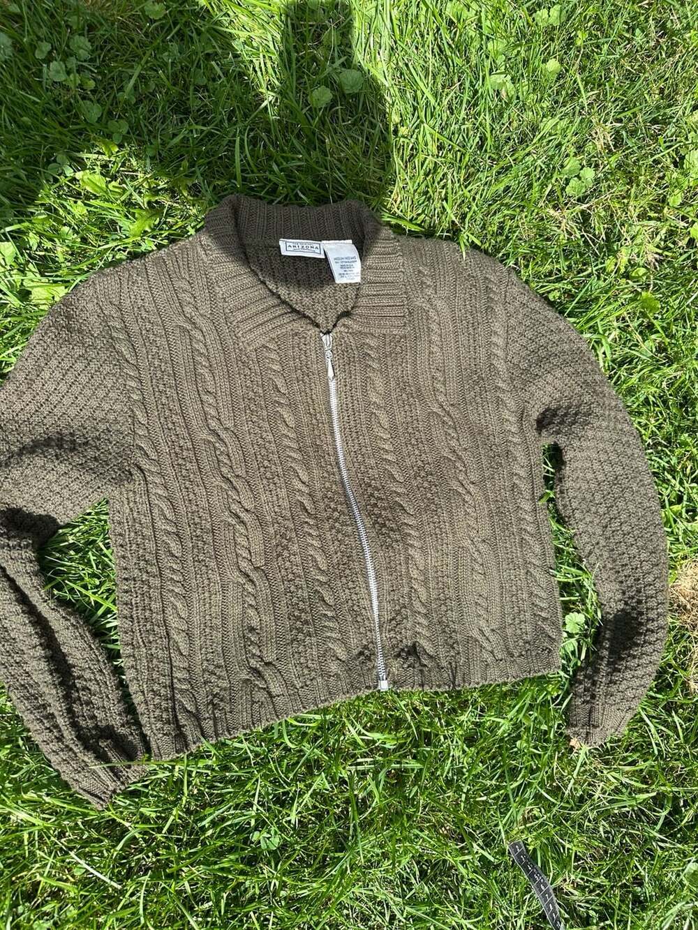 Vintage Arizona Jean Company Full Zip Cable Knit Sweater Olive Green Medium USA